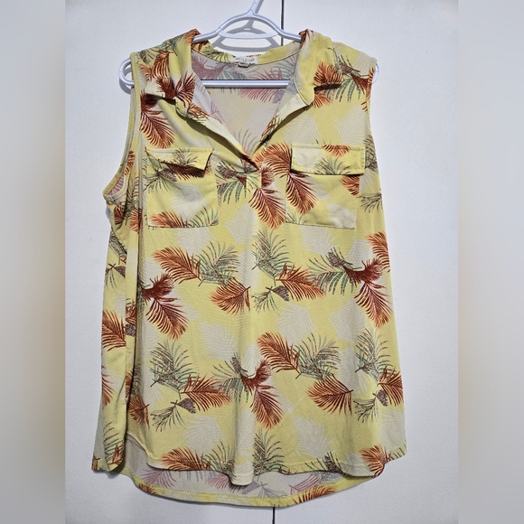 Blue Mood Tops - Blue Mood Tropical Palm Print Sleeveless Blouse 2X Yellow Lightweight Summer Top